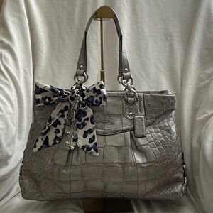 Coach Ashley Metallic Silver Croc-Embossed Leather Satchel Bag  With Bow Scarf.
